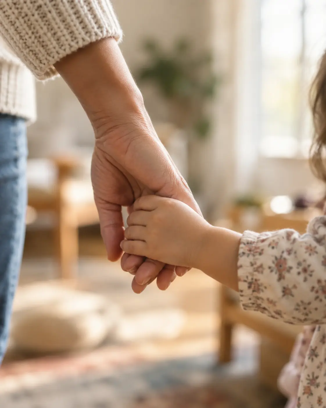 A child holding an adult's hand in a warm home environment